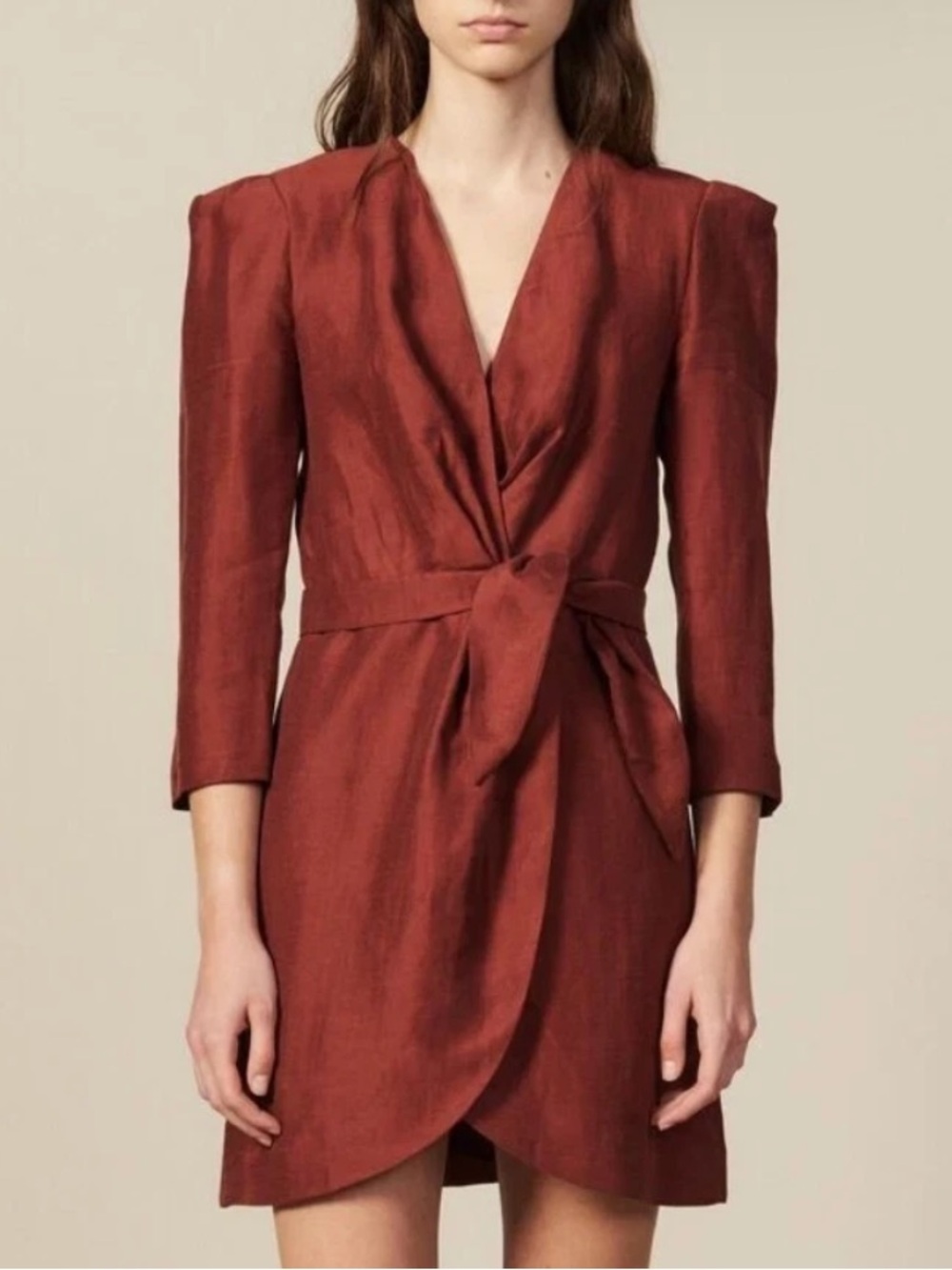 Sandro Rust Brown Linen Mini Wrap Dress Size 34